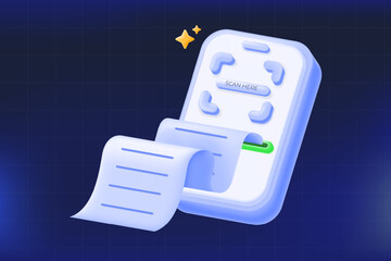 3D illustration vector, mobile receipt scanner. SEO digital receipt mobile, QR code scanner and paperless billing, modern payment or shopping app content