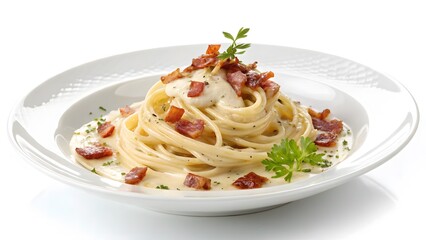 Spaghetti Carbonara: A culinary masterpiece of spaghetti carbonara, a delightful plate with perfectly cooked pasta, creamy sauce, crispy bacon bits, and a sprig of fresh parsley.