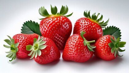 Fresh Red Strawberries with Green Leaves on White Background