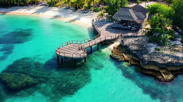 Jetty extending into the turquoise waters of the Caribbean at a luxury beach destination in Baha, Jetty on Caribbean beach in luxury destination Bahamas