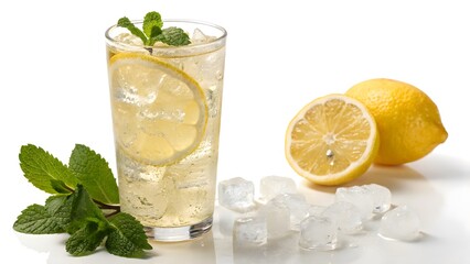 Fototapeta premium Refreshing Iced Tea with Lemon and Mint: A tall glass of iced tea, garnished with lemon slices and fresh mint sprigs, sits alongside ice cubes and a halved lemon.