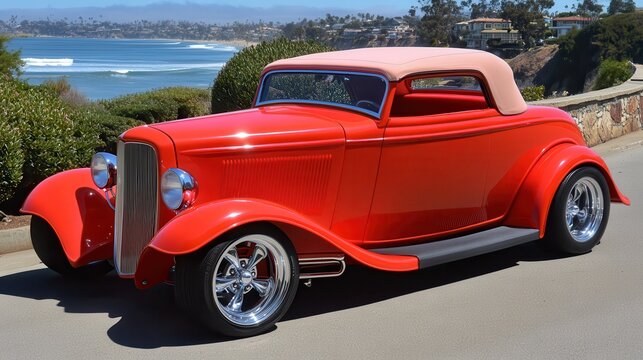 Red hot rod coastal road, ocean view