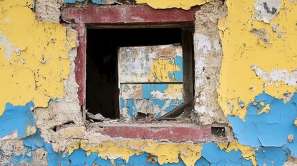 Naklejka premium Ruined building's window, peeling paint, urban decay