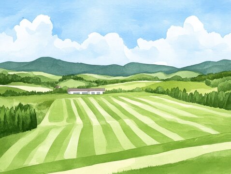 Verdant vista Fields painted in watercolor under a bright cloudy sky