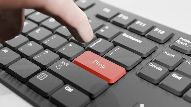 Hand About to Press Red "Drop" Button on Black Keyboard, 3D Keyboard, Red Drop Key Animation