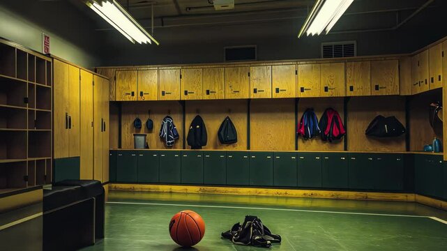 Empty locker room featuring sports equipment and a basketball at dusk, Sports equipment in empty locker room