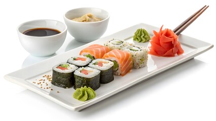 Sushi Artistry: An enticing array of freshly prepared sushi rolls, featuring salmon and cucumber, presented with artistic precision on a pristine plate, accompanied by soy sauce, ginger, and wasabi.
