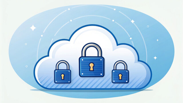 Secure cloud storage with digital locks symbolizes data protection and privacy. This illustration conveys sense of safety and reliability in cloud technology