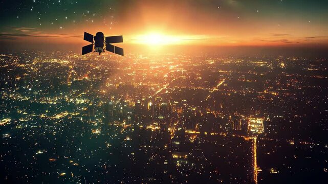 Satellite observing a city during a blackout at dusk with glowing streets and horizon, Satellite in low orbit over a city during a blackout