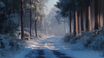 Naklejka premium Serene winter landscape with snow-covered trees and a path illuminated by soft light