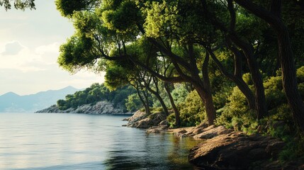 Seaside Serenity: Verdant Trees Frame Calm Waters and Distant Mountainscape