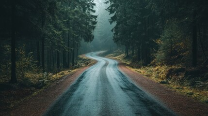 Winding asphalt road curves gently through a dense forest bathed in soft light