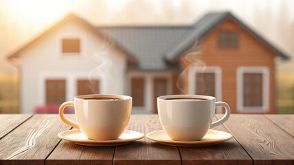 Fototapeta premium set of two coffee cups on wooden table, with steam rising, creates warm and inviting atmosphere. cozy home in background adds to serene morning vibe
