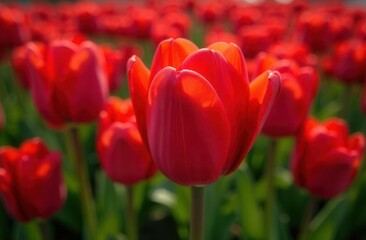 Obraz premium Vibrant red tulips in bloom under sunlight in a lush garden