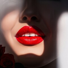 Obraz premium Glamorous close-up of red lips with a rose in soft shadow lighting