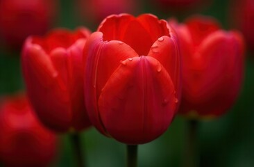 Fototapeta premium Vibrant red tulips with dewdrops in blooming garden