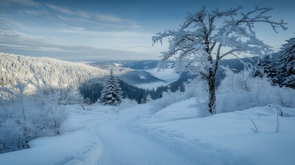 Obraz premium Snowy mountain path, winter landscape, sunrise