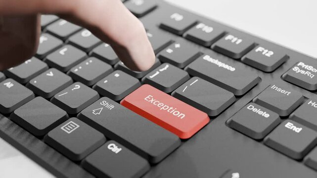 Hand About to Press Red "Exception" Button on Black Keyboard, 3D Keyboard, Red Exception Key Animation
