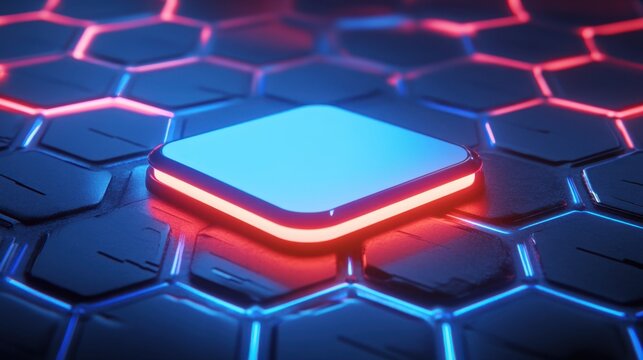 A glowing microchip on a hexagonal patterned surface