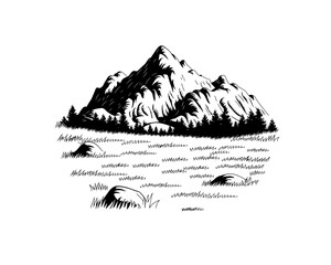 Naklejka premium Mountain landscape vector in black color isolated on white. Grassy meadow with mountains.