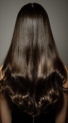 Naklejka premium Beautiful model girl with Brown hair strand,silky healthy chestnut wavy hair strand,hair wavy ribbon, with smooth,Keratin straightening,Treatment,straight long hair,procedures,Smooth hairstyle.