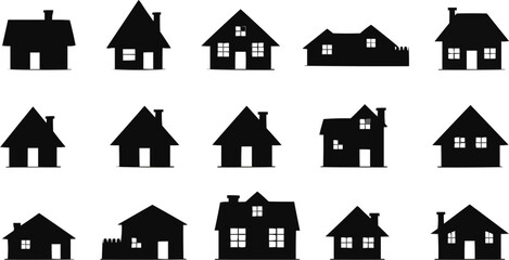 A set of black line editable icons representing different house types and related structures
