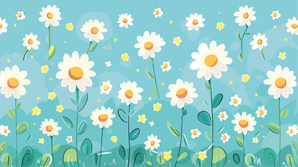 Soft Blue Background with White Daisy Seamless Vector Pattern