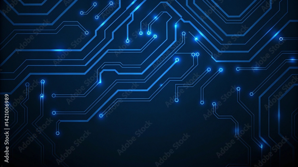 Poster abstract technology background, blue circuit board pattern with electric light, microchip, power lin