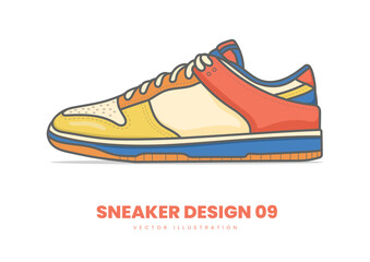Fashion Sneaker Vector Illustration. Modern flat design sneaker featuring clean outlines, vibrant color panels, and subtle shading, isolated on a white background.