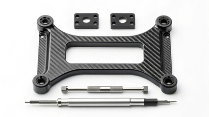High quality carbon fiber bracket with precision components, including mounting plates and tools, showcasing sleek design ideal for technical applications