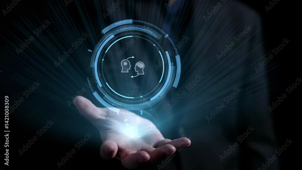 Poster human interact with ai artificial intelligence brain processor in concept of ai artificial intellige