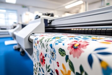 Industrial fabric printing machine.  Floral patterned textile being processed