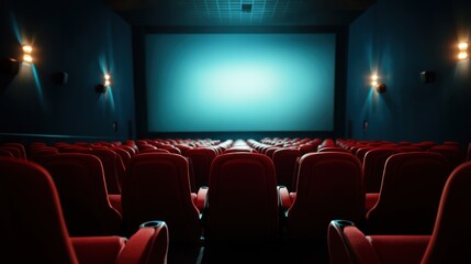 Fototapeta premium People in the cinema auditorium with Cinema blank wide screen and red chairs in the cinema hall,People silhouettes watching movie performance,empty white screen,space for text,copy space.