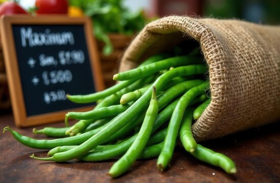 Fresh green beans spilling from burlap sack at market - Powered by Adobe