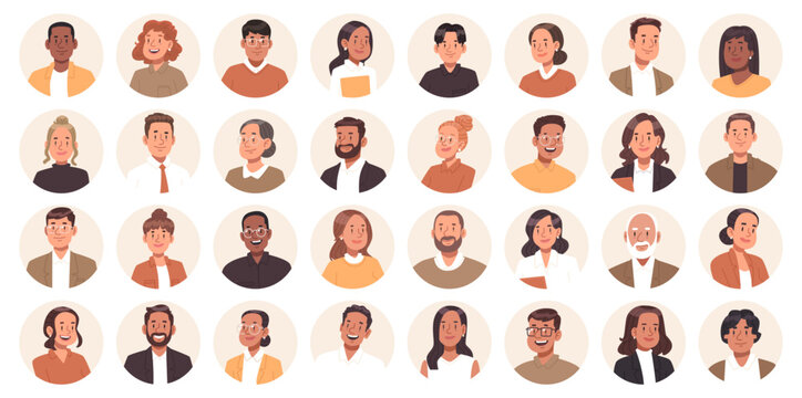 Set of various round portraits of business men and women of different ages and races. Vector illustration