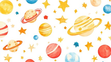 Colorful watercolor planets and stars pattern for kids' designs