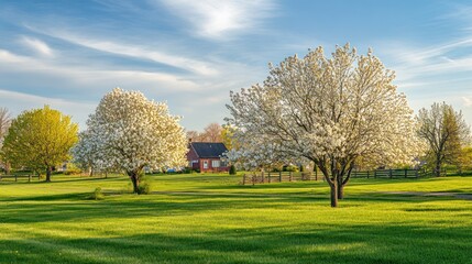 Obraz premium Idyllic springtime landscape featuring blooming trees and picturesque scenery