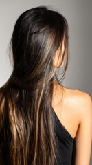 Naklejka premium Beautiful model girl with Brown hair strand,silky healthy chestnut wavy hair strand,hair wavy ribbon, with smooth,Keratin straightening,Treatment,straight long hair,procedures,Smooth hairstyle.