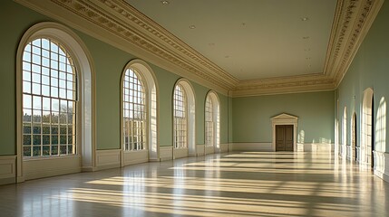 A Brightly Lit Interior Space With Tall Windows and Wooden Floors