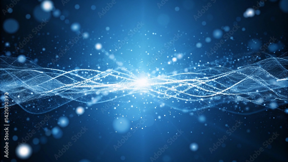 Poster Blue background, digital signature with wave particles, sparkle, veil and space with depth of field. The particles are white light lines, futuristic energy motion, glowing abstract elements