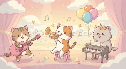 Naklejka premium Cats Playing Musical Instruments on Stage Cartoon Illustration