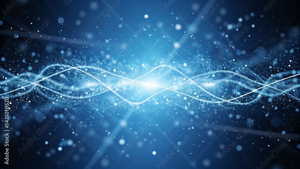 Poster Blue background, digital signature with wave particles, sparkle, veil and space with depth of field. The particles are white light lines, futuristic energy motion, glowing abstract elements