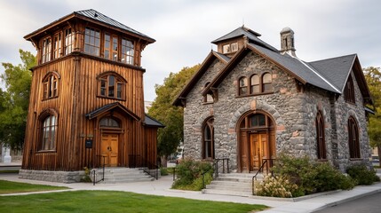 Fototapeta premium Rustic wooden structure and stone building stand side by side with trees in background