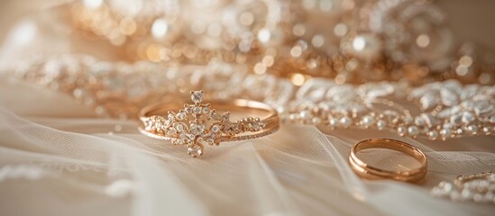 Elegant Bridal Jewelry Still Life: Gold Tiara, Ring, and Embroidered Fabric