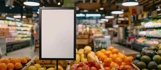 Blank Sign Displaying in a Fresh Produce Section of a Grocery Store Market