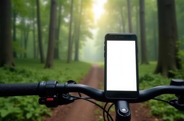 Smartphone mounted on mountain bike handlebars in serene forest trail