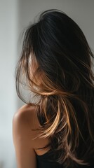 Naklejka premium Beautiful model girl with Brown hair strand,silky healthy chestnut wavy hair strand,hair wavy ribbon, with smooth,Keratin straightening,Treatment,straight long hair,procedures,Smooth hairstyle.