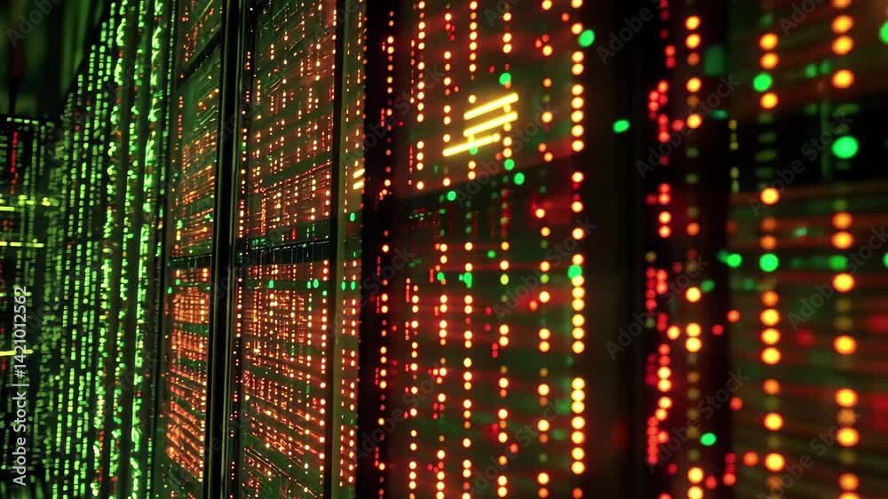 Poster exploring binary coding and digital data processing in a high-tech server room environment, binary c