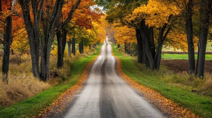 Fototapeta premium Enchanting autumn road lined with colorful trees casting a warm glow, creating a captivating landscape