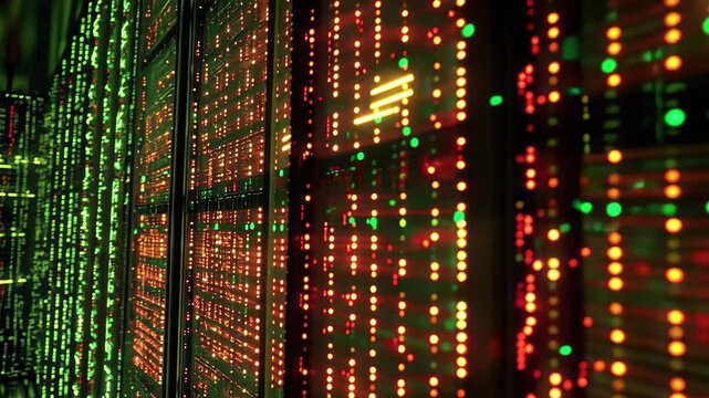 Exploring binary coding and digital data processing in a high-tech server room environment, binary coding and digital data processing over computer servers
